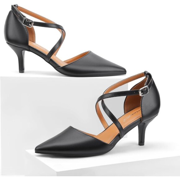 Women's Black Polyurethane Closed Pointed Toe Cross Strap Low Kitten Heel Pumps - Picture 5 of 6